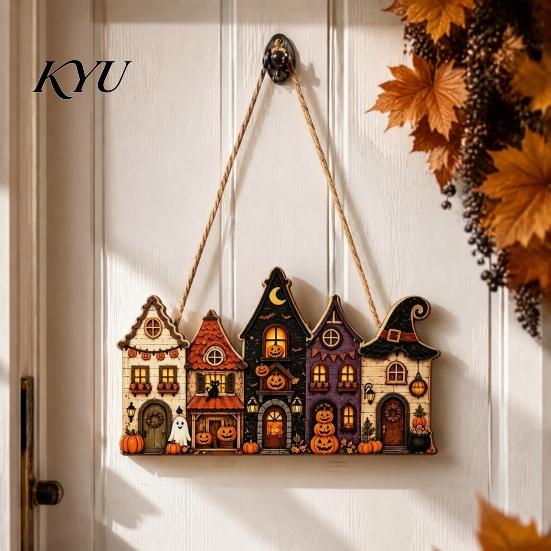Rustic Home Hanging Sign Halloween Wooden House Pendant with Hemp Rope for Wall Door Decorative Wood Craft Decoration, Haunted Castle Ornaments