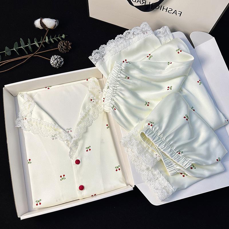 Women's Ice Silk Cherry Print Pajama Set - Elegant Summer Three-Piece Lounge Wear