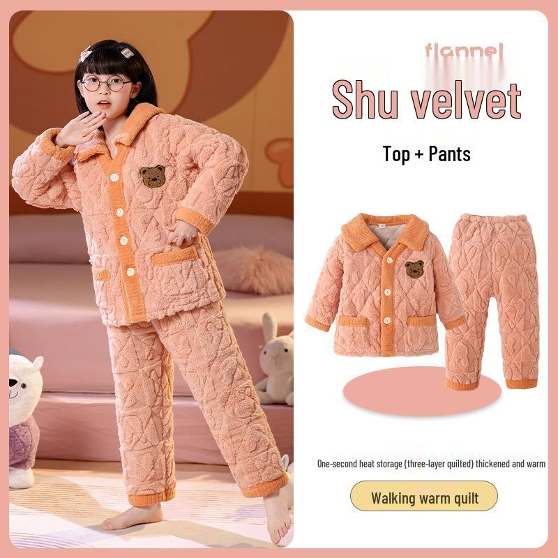 Winter Kids' Flannel Pajamas: Boys & Girls Coral Fleece, Velvet-Lined, Three-Layer Quilted Parent-Child Sleepwear