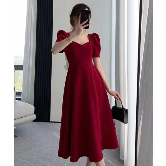 Hepburn style square neck dress women s summer design sense halter bow waist thin short sleeve skirt tide S бордовый