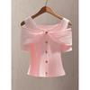 Women's Solid Color Button Design, Off Shoulder Short Sleeved Ribbed T-shirt