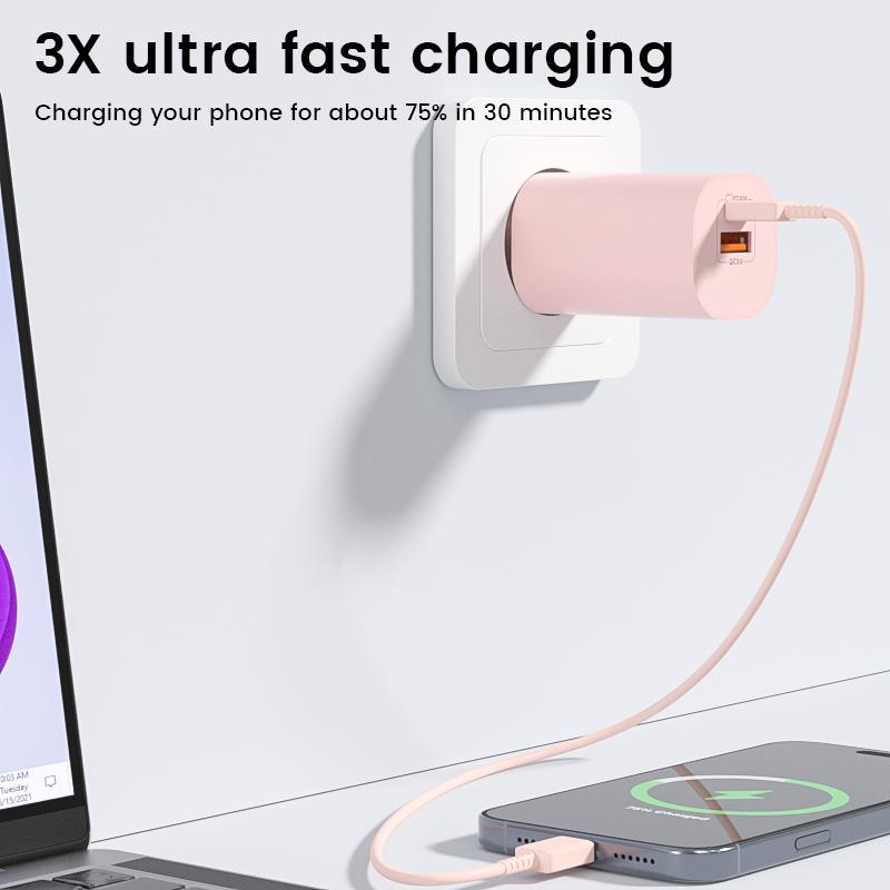 Pink 30W GaN Dual Port Fast Charger USB-C/A, PD3.0 QC3.0 Wall Adapter For Samsung & iPhone (EU Plug)