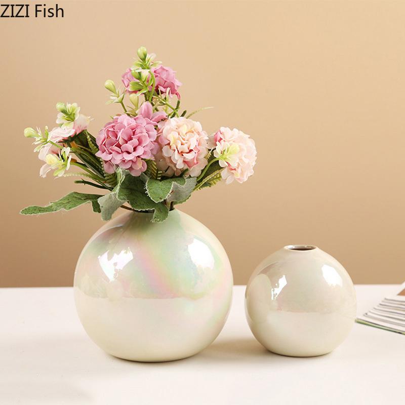 Farbige Perlmutt-Kugelform Keramikvase Schreibtischdekoration Blumenarrangement Künstliche Blumenvase Raum Ästhetische Deko