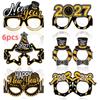 2027 Happy New Year Paper Glasses 6pcs Black Gold Glitter Non-Toxic Photo Booth Props for Office New Year Party Decor