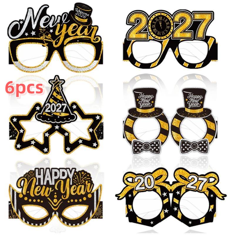 2027 Happy New Year Paper Glasses 6pcs Black Gold Glitter Non-Toxic Photo Booth Props for Office New Year Party Decor