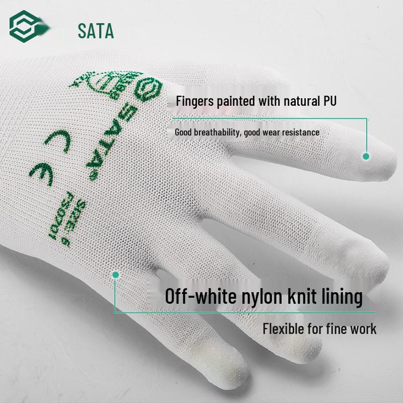 Sata Anti-Slip Work Gloves - Nylon PU Coated, Fingertip & Palm Dipped, Wear-Resistant for Workshop Use