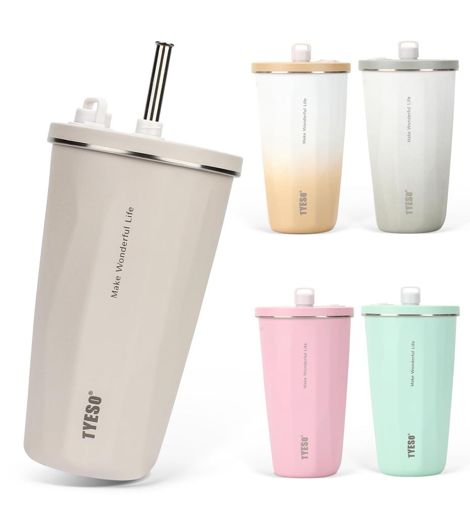 [Social Media Trend] TYESO Tumbler with Straw, 600ml, Stainless Steel, with Lid, Vacuum Insulated, Keeps Drinks Hot or Cold, Portable, Direct