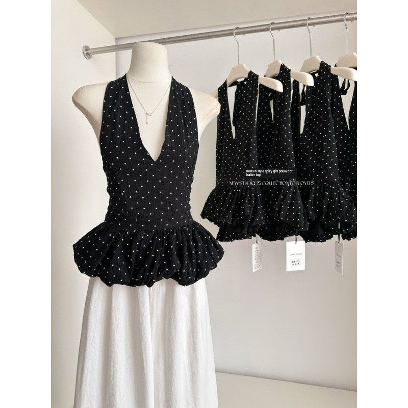 

2025 Spring/Summer Korean Style Versatile Unique Backless Halter Neck Polka Dot Waist-Cinching Slimming Camisole Top for Women Image color One size