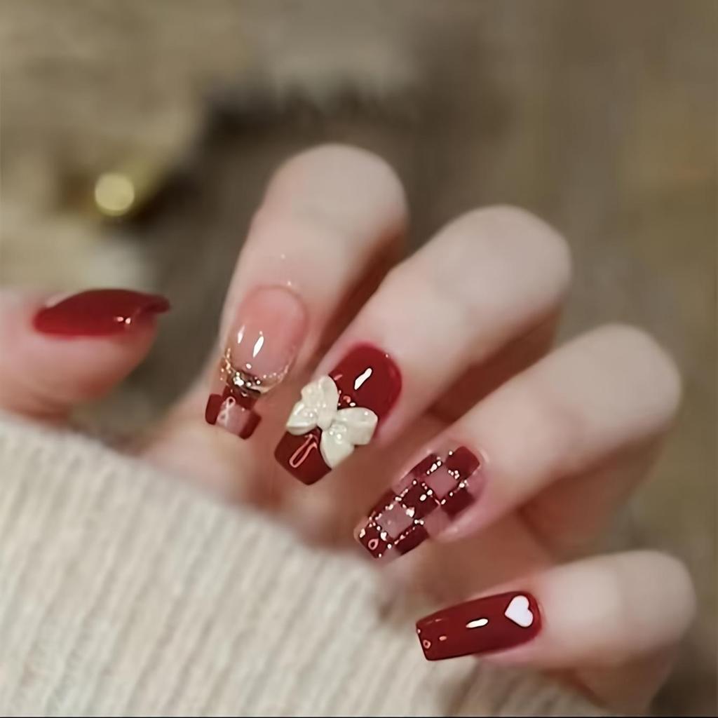 24Pcs Tragbare Sarg Gefälschte Nagel Tipps Rot Kurze Ballerina Falsche Nägel Drücken Auf Nägel Kunst Maniküre Dekor