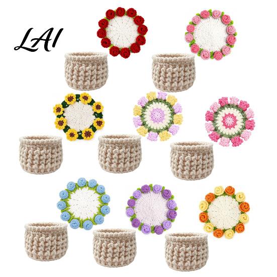 Botanical Room Decoration Crochet Flower Bouquet Coaster Handmade Knit Rose Mug Mat Transforms Into Bouquet 2-in-1 Decorative Plant Pot Display
