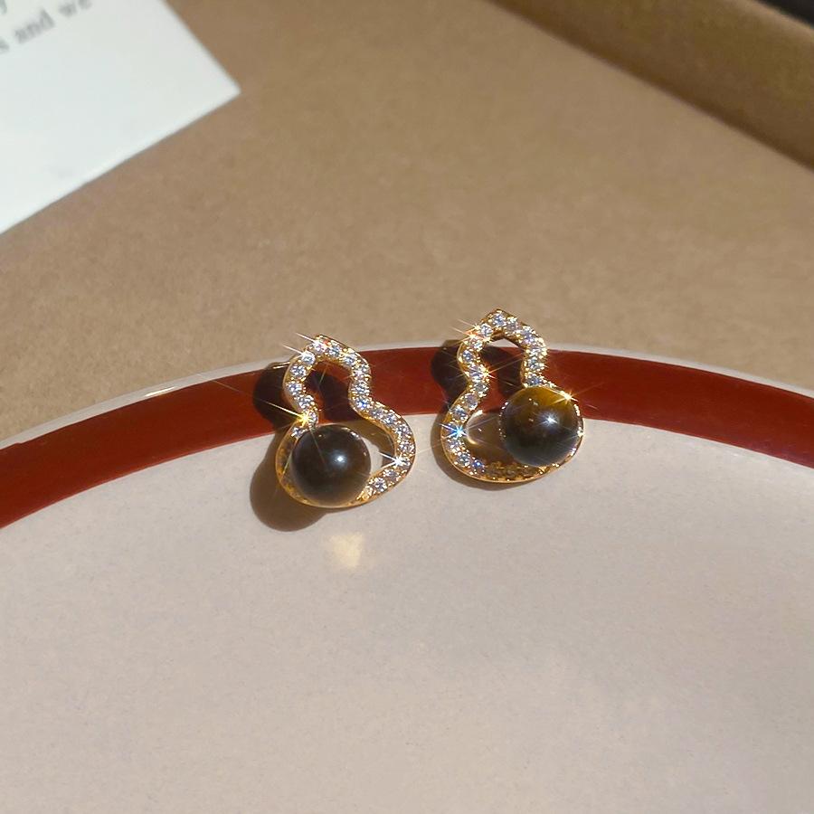 Real gold electroplated silver needle zircon tiger s eye stone gourd stud earrings new Chinese versatile earrings light luxury earrings women