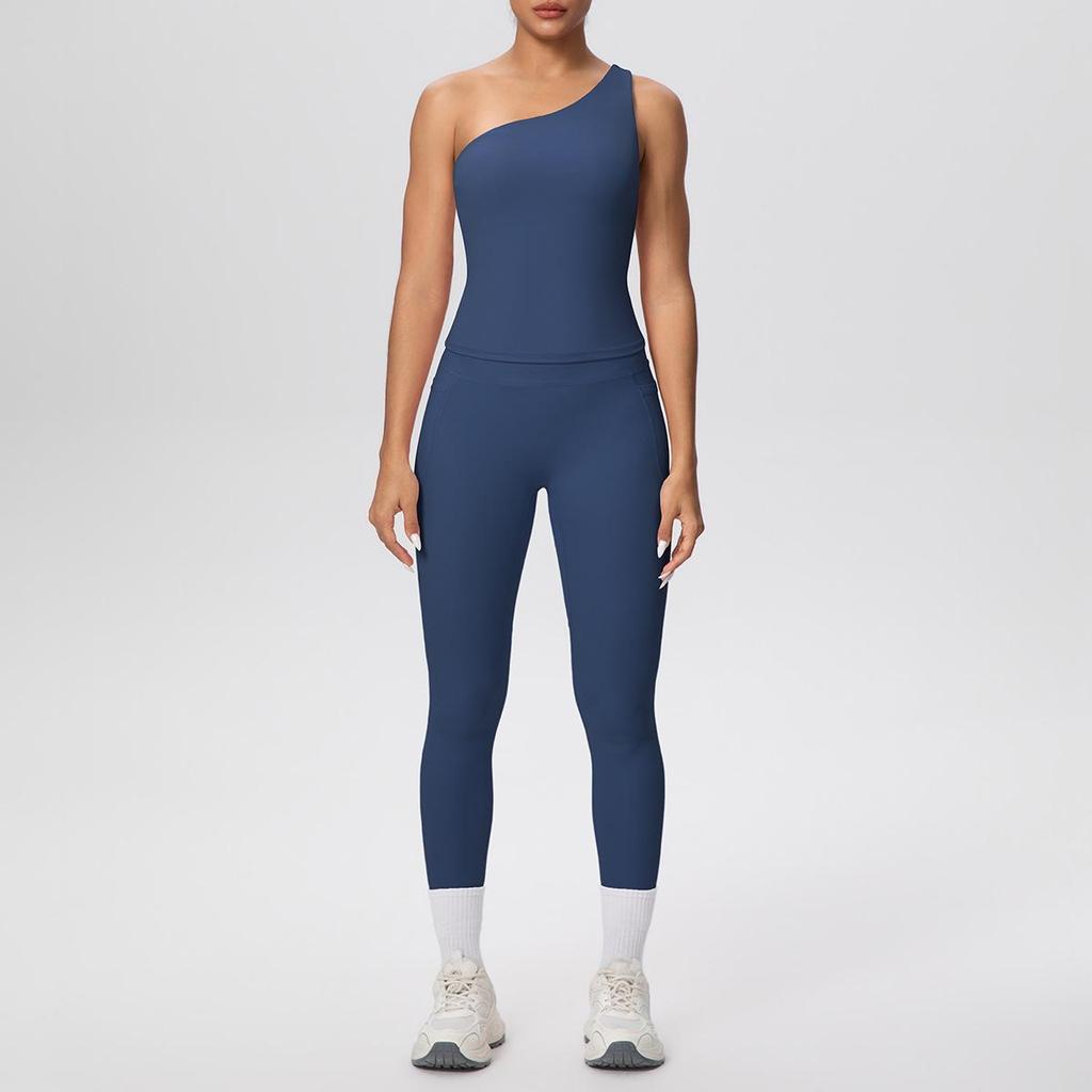 European & American Solid Color One-Shoulder Sports Vest & High-Waisted Pocket Yoga Pants Fitness Set for Women
