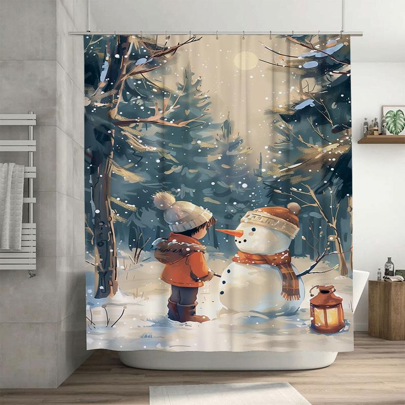

Tuniu Charming Snowman Boy Winter Wonderland Bathroom Decor Shower Curtain Set Cute Festive Holiday Home Textile W60H190(CM)-1 Pcs