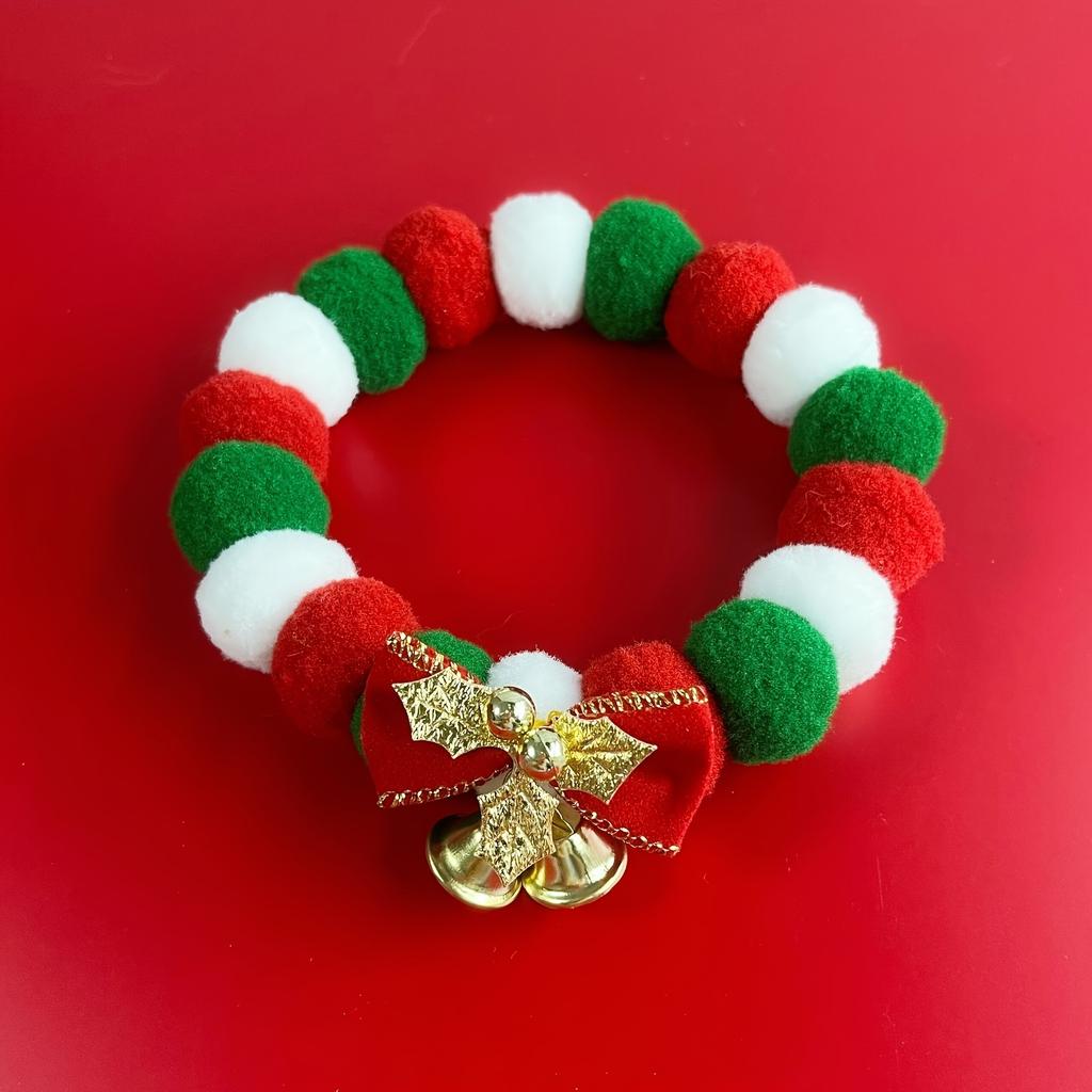 Christmas Pet Collar with Bell & Bow, Red Green White Plush Ball Design, Festive Holiday Accessory for Cats & Small Dogs