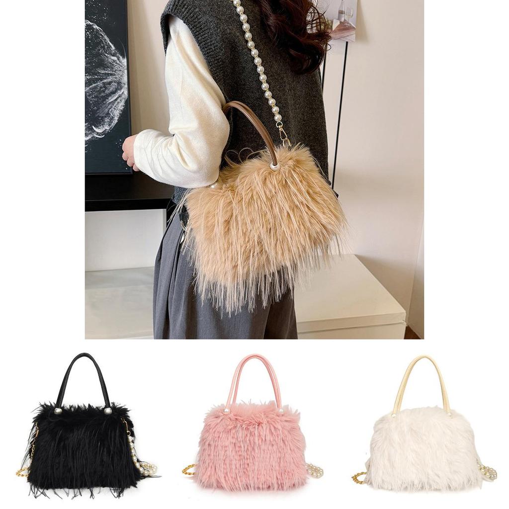 Solid Color Plush Handbag With Zipper And Chain For Women