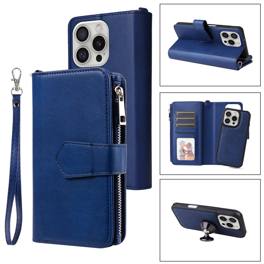 For iPhone 16 Pro Magnetic Leather Case Mobile Cover with Detachable Zipper Wallet Strap