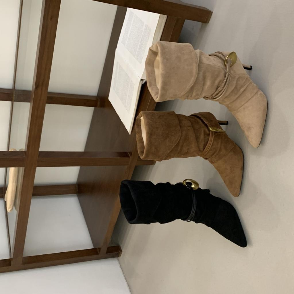 High Heel Pointed Pile Boots Medium Knight Boots Women's Boots 2025 Fall Winter Western Cowboy Brown Skinny Boots