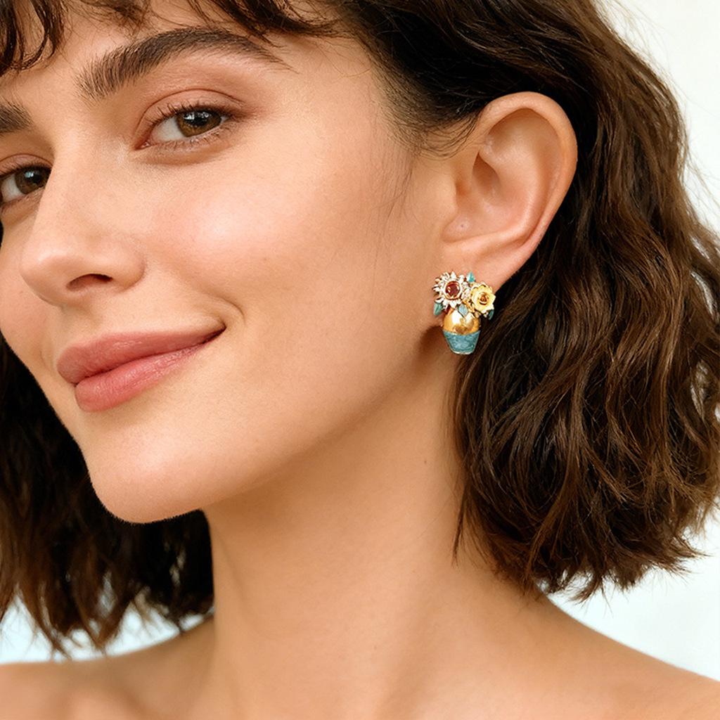 Handgefertigte Zirkonia Sonnenblumen-Steckohrringe - Retro Light Luxury