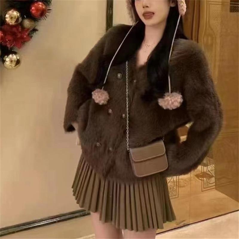 Double-breasted imitation mink cardigan sweater women's autumn new thickened lazy loose and comfortable knitted sweater jacket