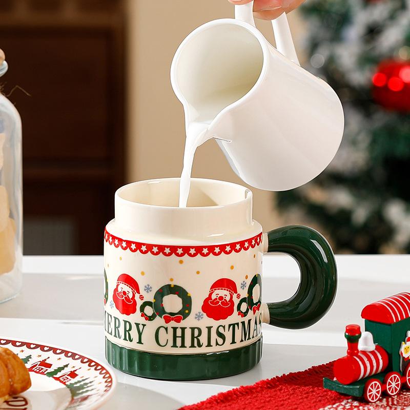 400ML Christmas Coffee Cups Personalized Ceramic Mug with Lid Cute Home Office Copo Breakfast Milk Drinking Friend Kid Xmas Gift