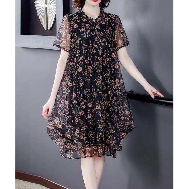 Women's Oversized Dress Printing Round Neck Short Sleeved Loose Mesh Dress Mid Length Simple Commuting Summer
