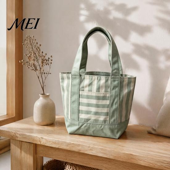 Tote Bag Striped Canvas Bag, Stylish Reusable Grocery with Reinforced Shoulder Strap Front Pocket, for Shopping Picnic Commuting Durable