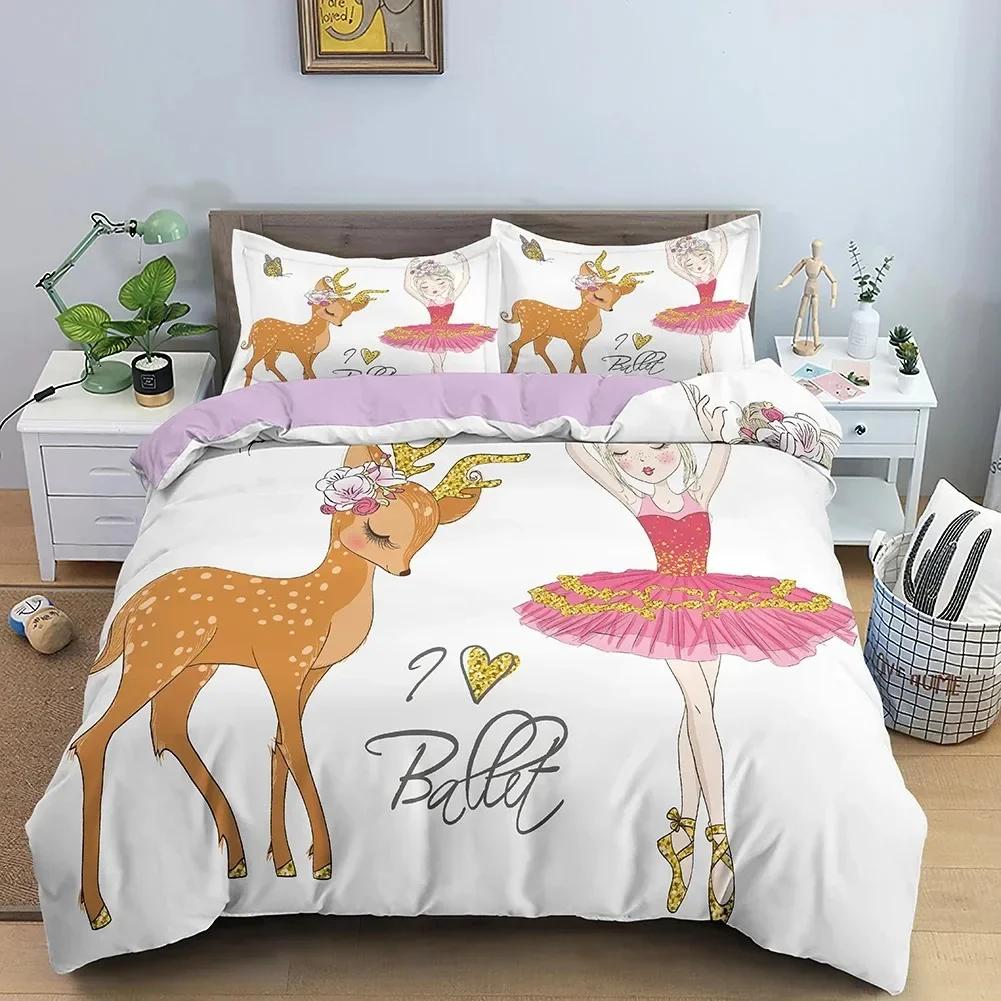 Danceing Girl Cartoon Prink Comfortable Duvet Quilt Cover Pillowcase Bedding Set Children Bedroom Decoration Home Textile