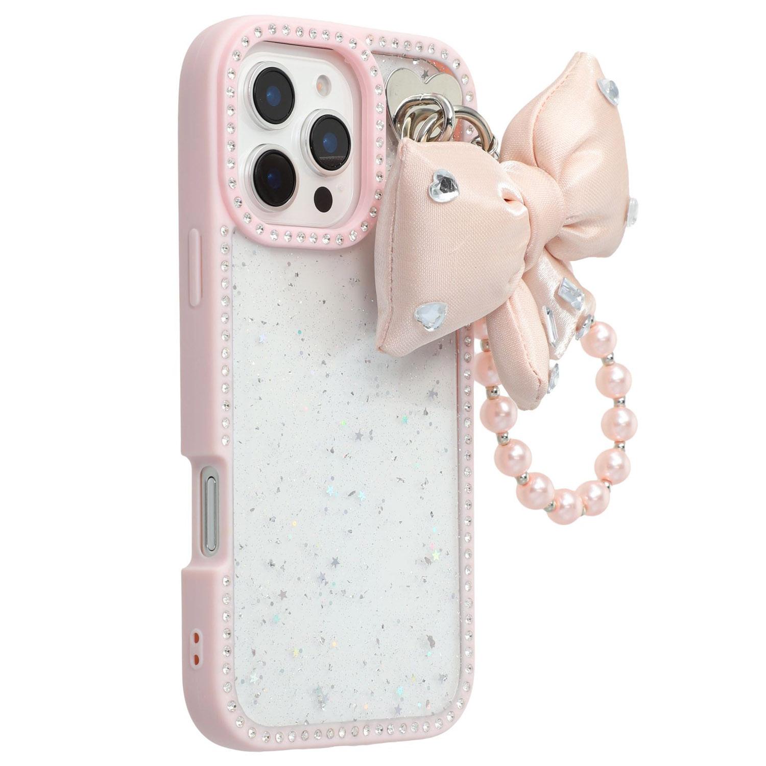 

For iPhone 16 Pro Case Glitter Epoxy Design TPU+PC Phone Back Cover with Bow Strap,Rhinestone Decor Pink
