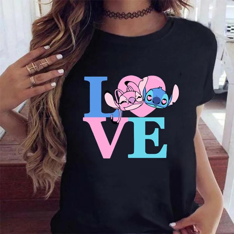 New Fashion FeUnisex Clothing Cartoon Disney Stitch Womens Tshirt Summer Short Sleeve Black Tops