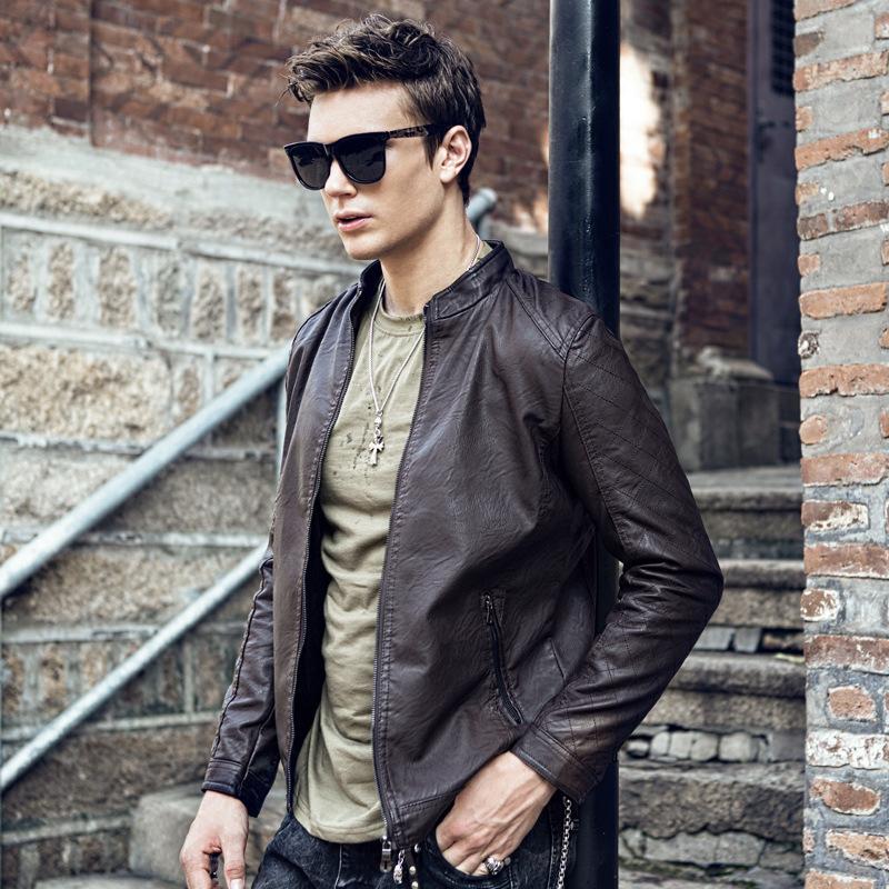 

Мужская кожаная куртка Корейская тонкая мотоциклетная кожаная куртка XXXL кофейный