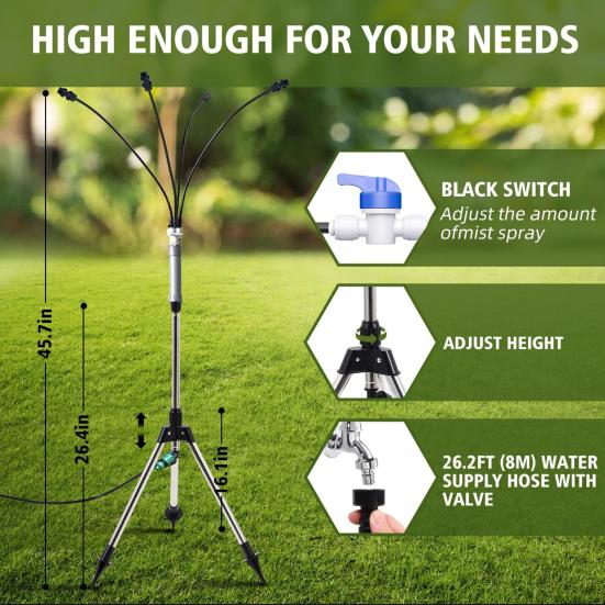 Standing Tripod Misters Easy Install Adjustable Stand Hose Sprayer Movable Standing Misting Cooling System