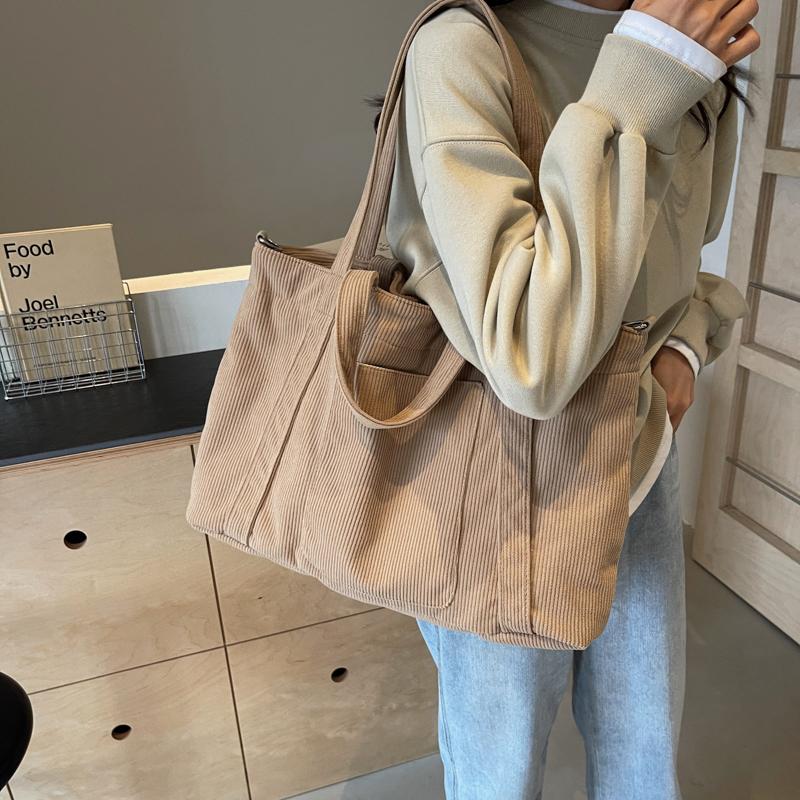 Solid Color Corduroy Bag Women's Large Capacity Shoulder Crossbody Bag Commuter Tote Bag