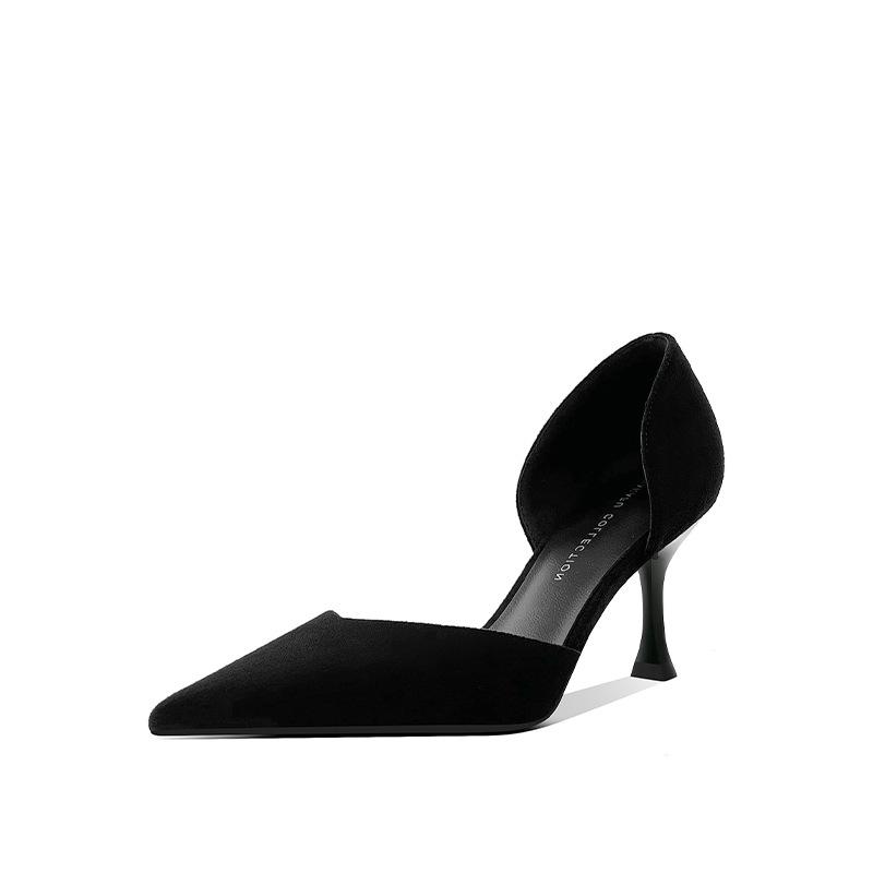 Black high heels spring new pointed hollow single shoes women's summer stiletto cat heel shallow mouth middle heel cmcm