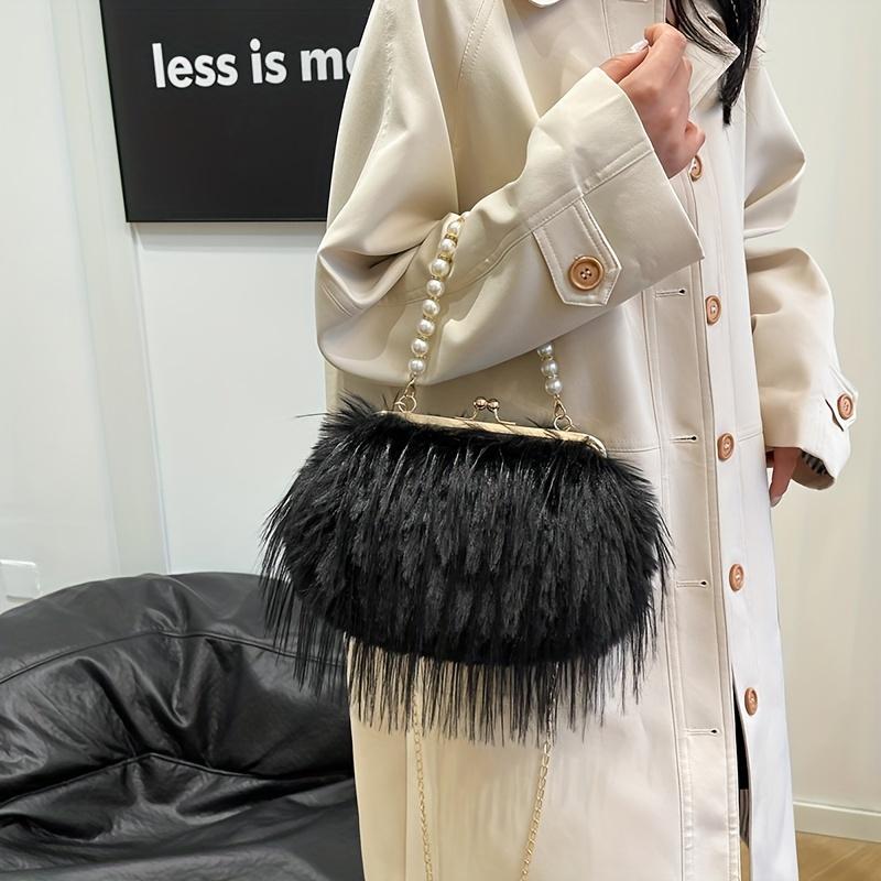 Geantă Satchel Elegantă din Blană Artificială cu Mâner de Perle Geantă de Seară Pufoasă și Moale Portofel de Damă la Modă Geantă de Mână Culoare Solidă cu Închidere Tip Kiss