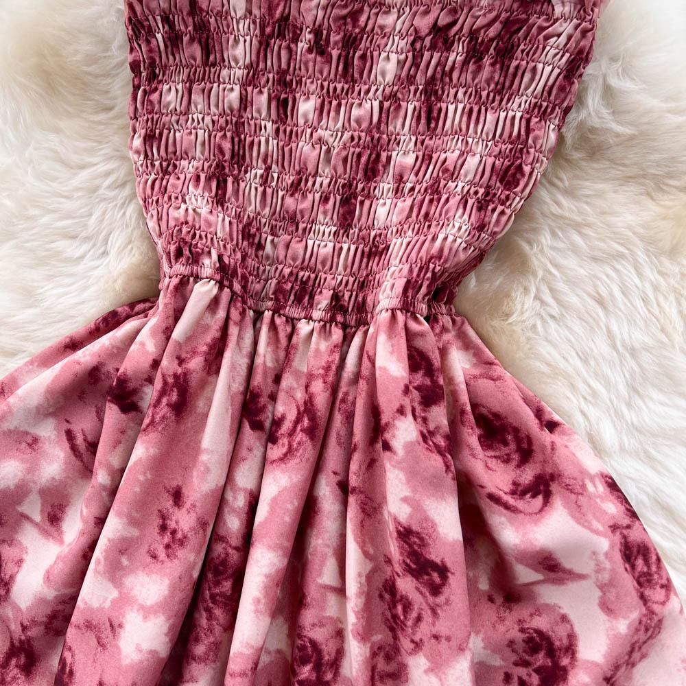 Koreansk stil for kvinner Rose Blomstertrykk Retro Festkjole Sommer Elastisk Høy midje Ferie Lang kjole Strand Vestido
