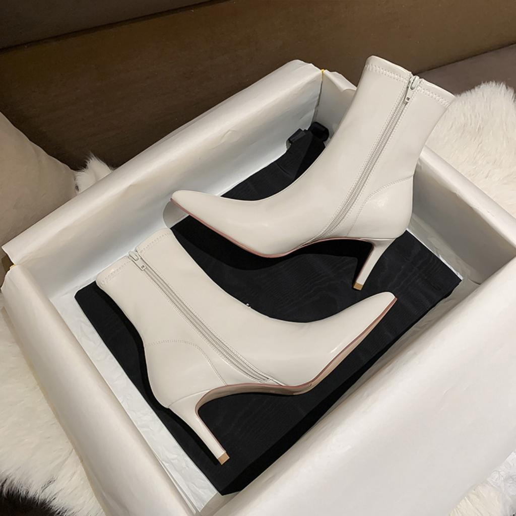 Boots women's new winter high-heeled elastic beige stiletto short boots women's