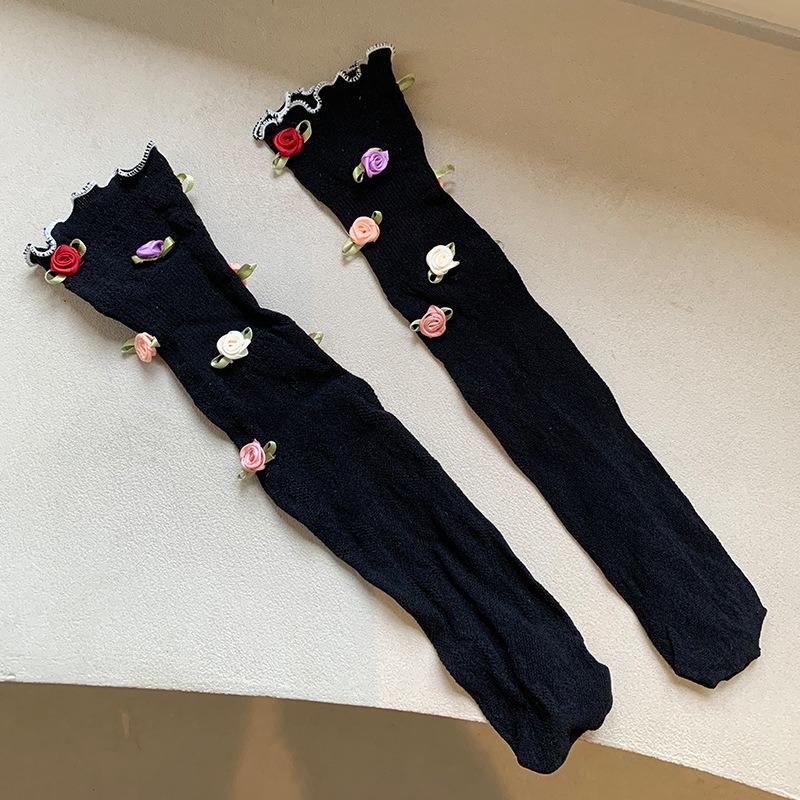 Rose Flowers Lace Socks for Women Summer Spring Sweet Lovely Breathale Cotton Middle Tube Socks Mesh Sock Girls Daily Hosiery