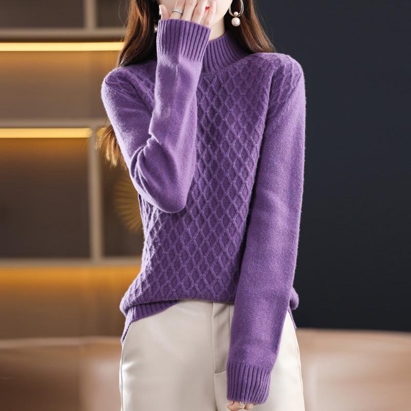 Women's High Neck 100% Pure Wool Pullover Knit Sweater - Autumn/Winter, Loose Fit, Thickened Layer