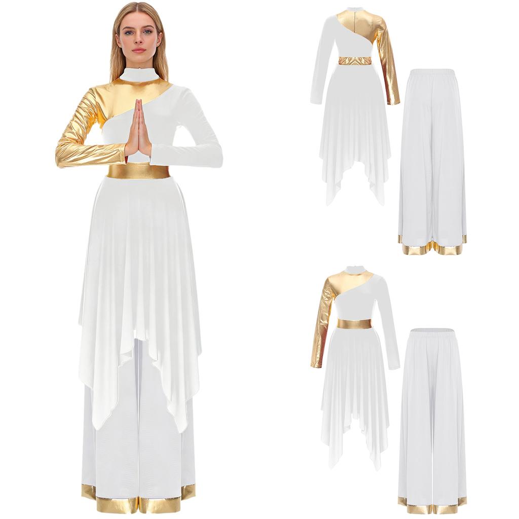S-XXL Womens Worship Praise Dance Costume Long Sleeve Asymmetrical Hem Dress and Wide Leg Pants Contrast Color Dancewear Outfits