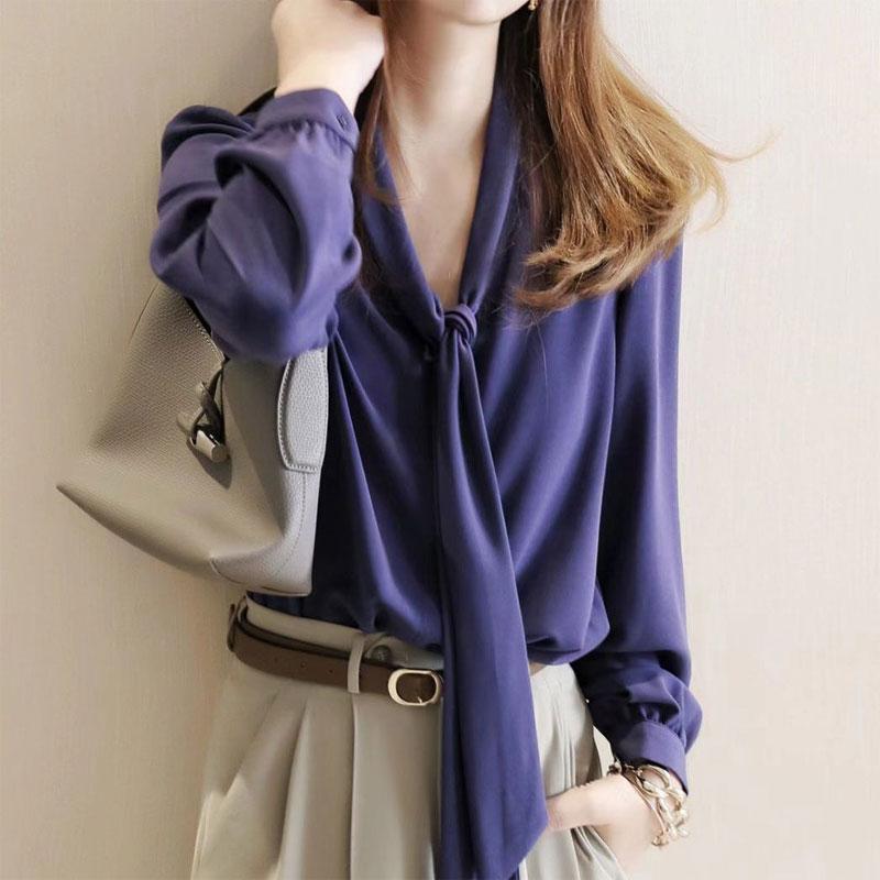 

Офисная леди однотонная рубашка весна осень длинный рукав стильный воротник-шарф повседневная завязка-бант женская однобортная блузка L синий