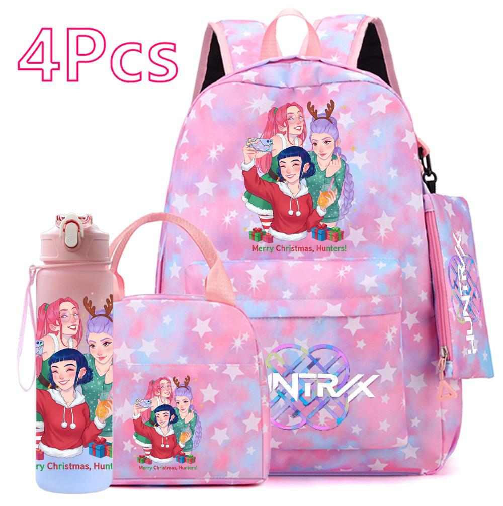 4 st/set Jul K-POP Tryckt Ryggsäck Handväska Pennskrin 750 ml Vattenflaska för Tonåring Pojke Flicka Bokväska Skolväska Med Drickmugg Barnpresent