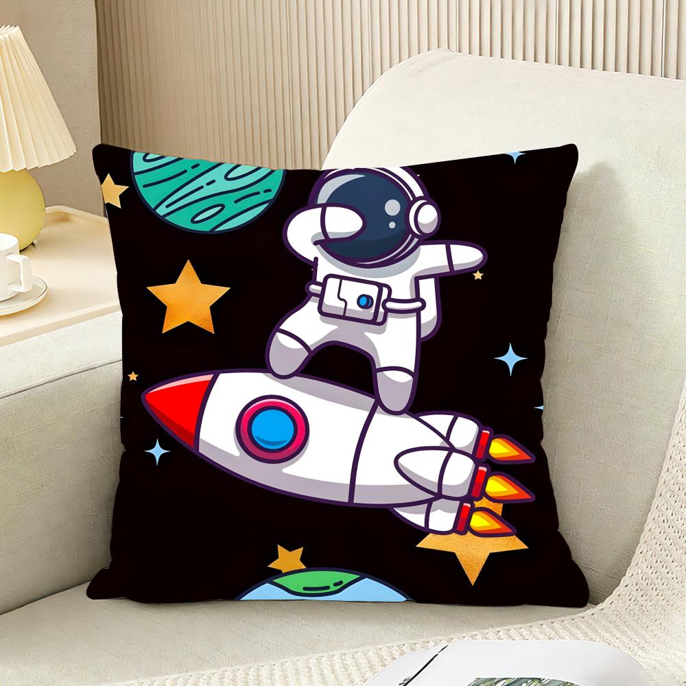 Outer Space Spaceship Astronaut Cushion Cover Reversible Plush Pillow Cover For Car Sofa Bedroom Decorative Gift Pillowcase