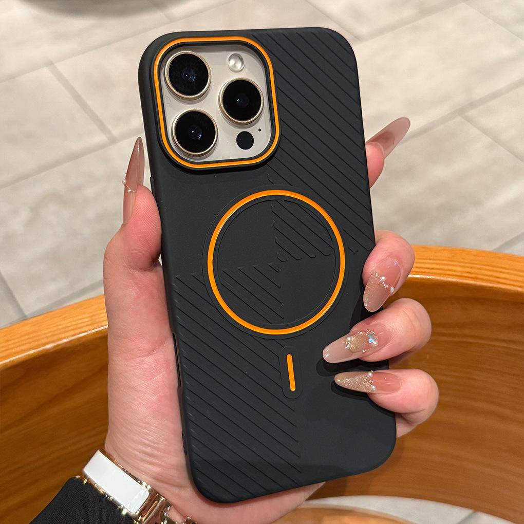 

Applicable To IPhone 16 Contrasting Color Matte Thin Circle Magnetic Suction Phone Case Apple 15 Oblique Stripe Advanced Sense Protective Case 14 iPhone 16