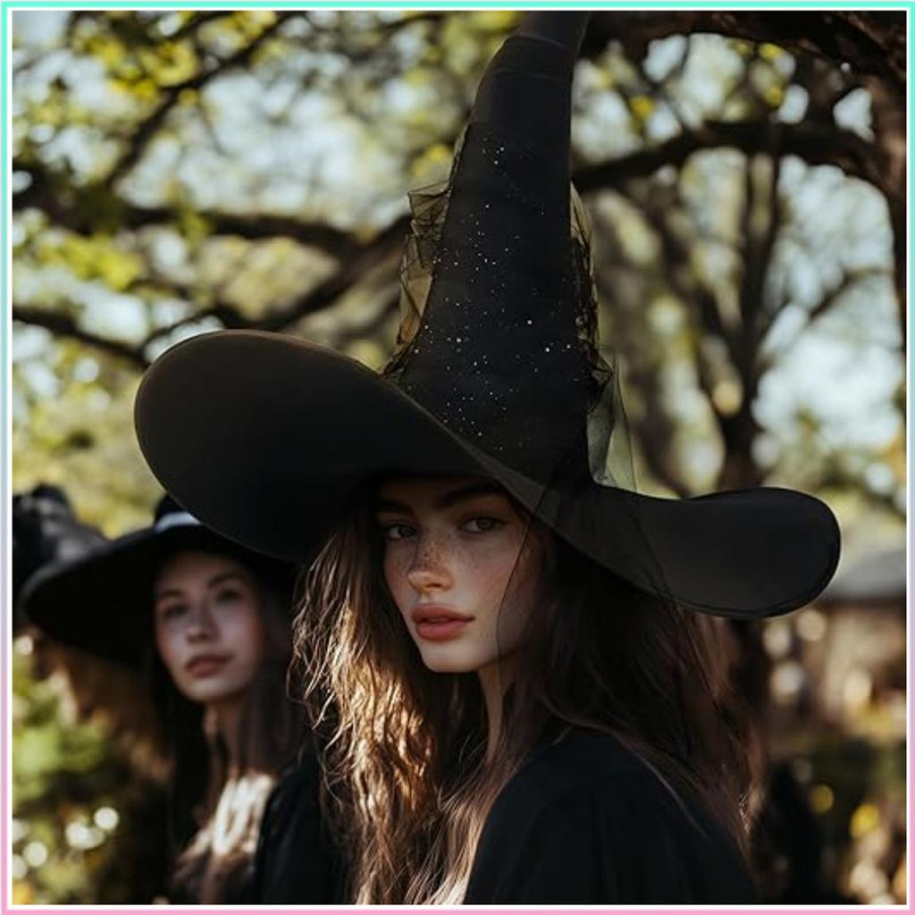 Large Witch Hat with Star Mesh Overlay and Extended Velvet Brim Adjustable Size Halloween Costume Accessory for Adults and Teens