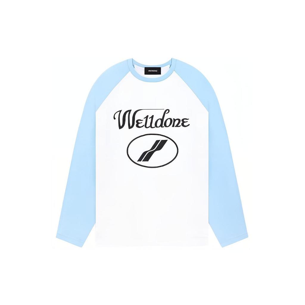 We11done FW22 Round Logo Color Block Raglan Letter Print Crew Neck Long Sleeve T-Shirt Unisex Tops Sky-Blue WD-TT3-22-858-U-SK-0