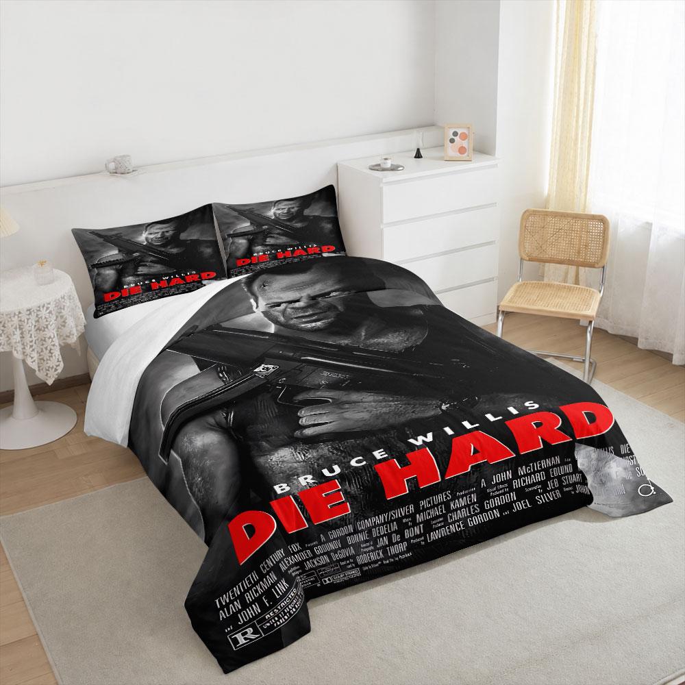 Die Hard Bruce Willis Grayscale Variant Bedding Set, Black White Red, Willis Holding Rifle, Nakatomi Plaza Action Film Art