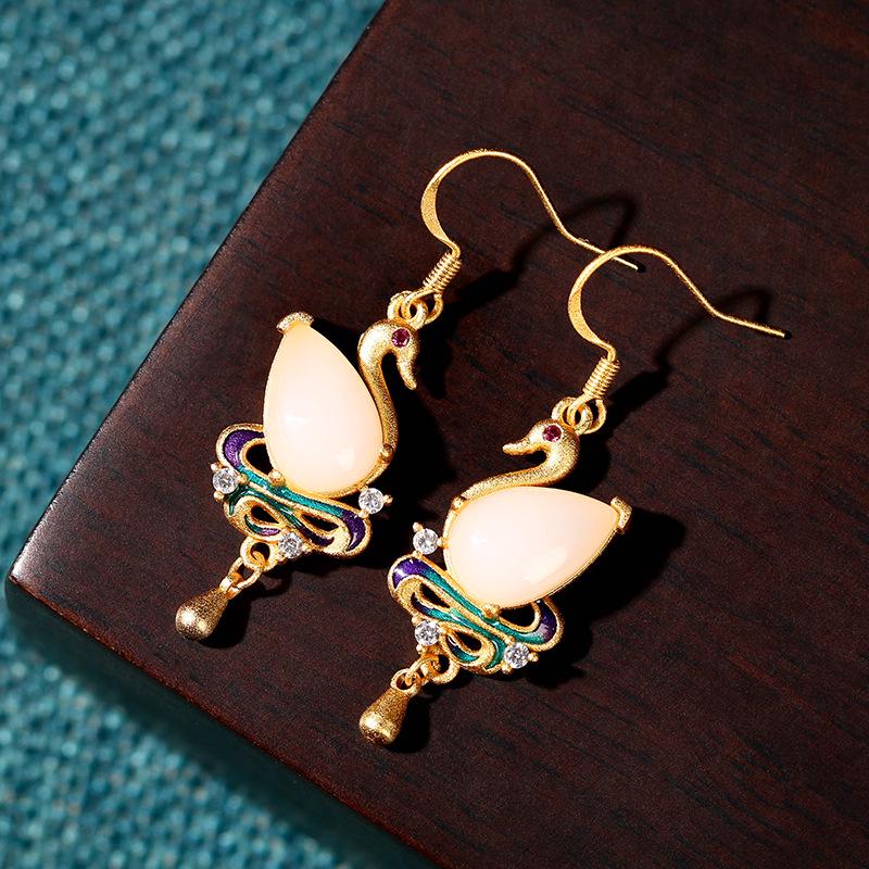 Xiaohongshu Blogger's Cold Enamel Imitation Jade Swan Earrings - Niche High-End Cheongsam Jewelry Design