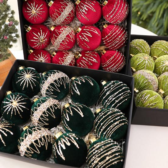 12 Pcs Velvet Glitter Christmas Ball Ornaments 3.15" Shatterproof Flocked Sequin Balls Christmas Tree Ornaments for Indoor Outdoor Holiday Party Decor