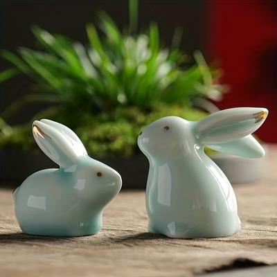 A Pair Ceramic Bunny Rabbits Figurine for Easter and Home Decor and Gifts-Porcelain Modern Art, Weddings Crafts Gifts