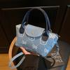 Cute Printed Denim Handbag With Flap Pocket For Ladies Casual Everyday Use